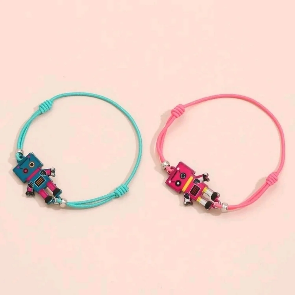Kids Size Robot Friendship Bracelet Set - Pink, Green